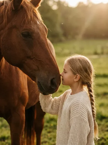 Young girl bonding with a chestnut horse at Silver Hoof Farm