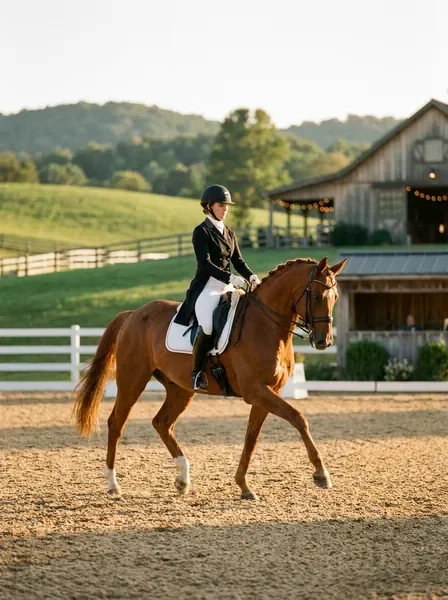 Dressage rider and chestnut horse in outdoor arena
