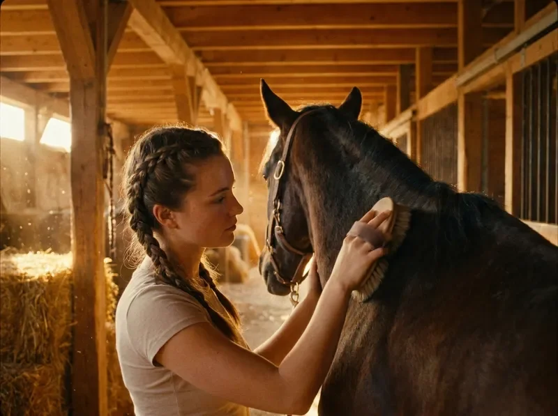 Young rider grooming a horse in the barn aisle