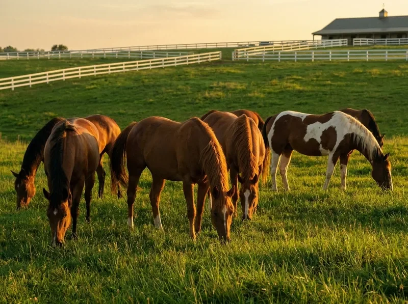 Horses grazing in a pasture at golden hour