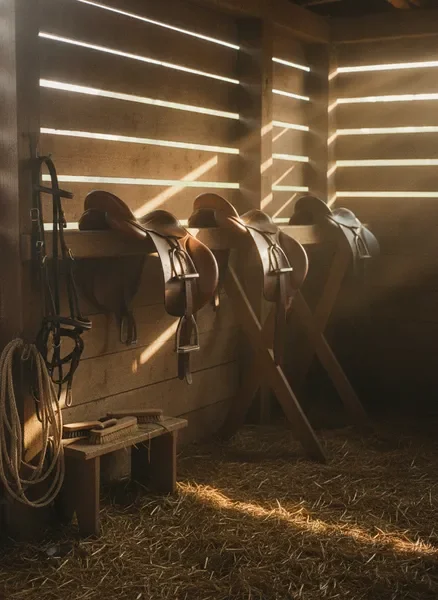 Rustic barn interior with saddles and tack