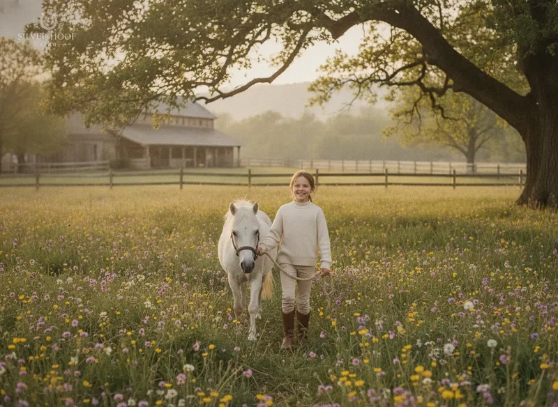 Young rider leading a white pony through wildflowers