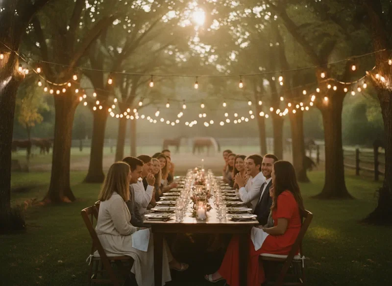 Evening farm gathering with string lights and horses nearby
