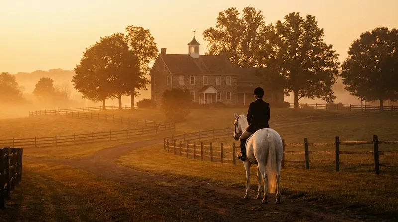 Rider on white horse at golden hour on Silver Hoof Farm