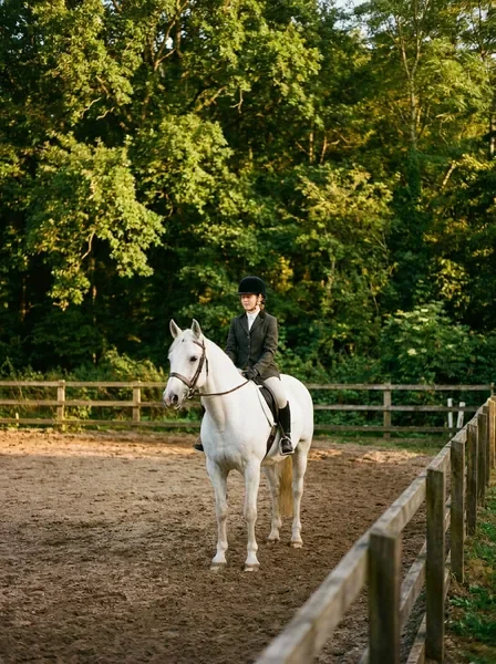 Young rider on white horse in outdoor arena