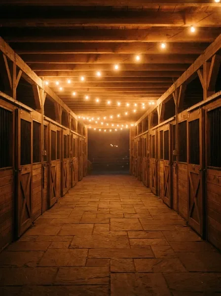Barn walkway with warm string lights at dusk