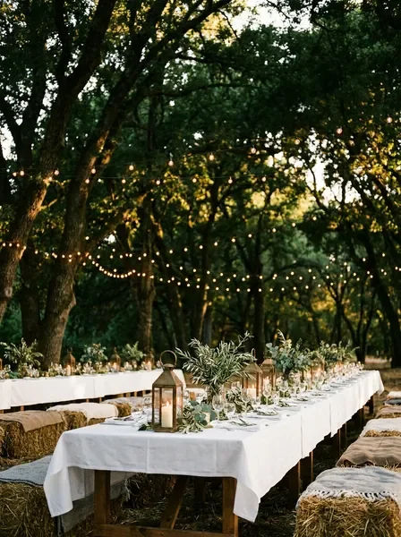 Outdoor evening event with fairy lights